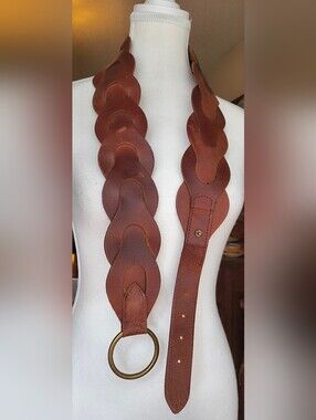 Wide Braid Brown Leather Belt Women's L/XL Brass O Ring Buckle Vintage Y2K